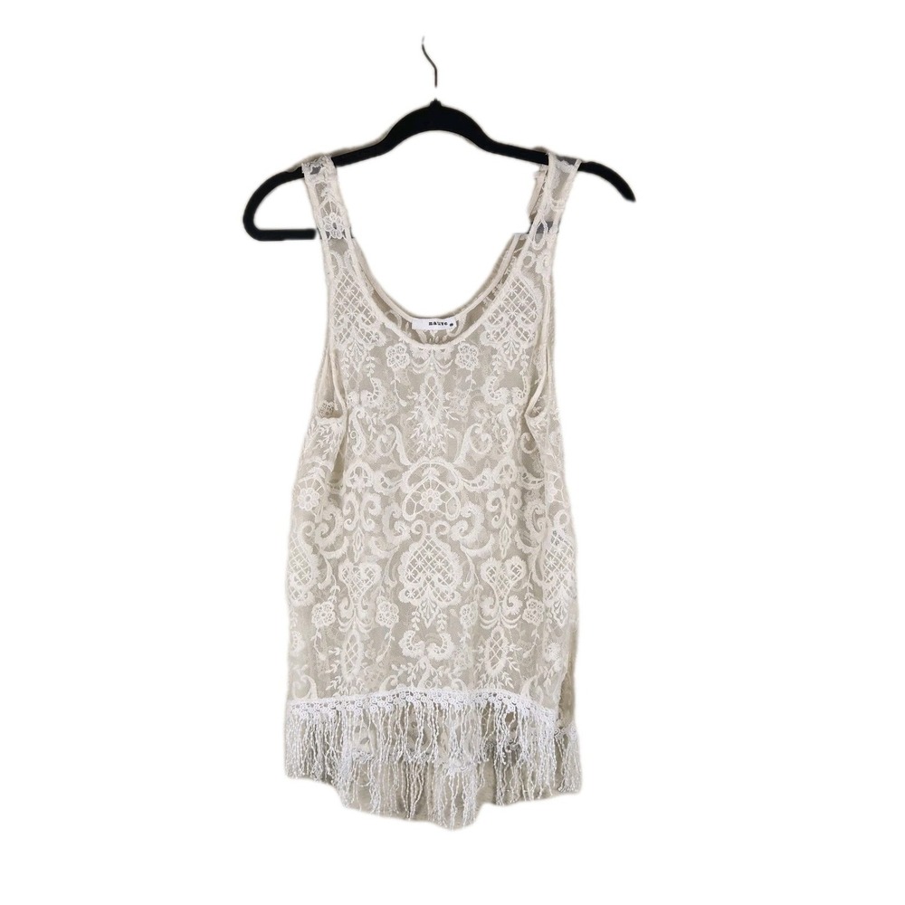 Mauve Top Womens Medium Ivory Sheer Lace Fringe Boho Festival Beachy Embroidered